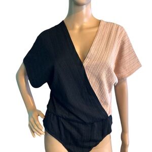 SHEIN Black and Cream V-Neck Bodysuit